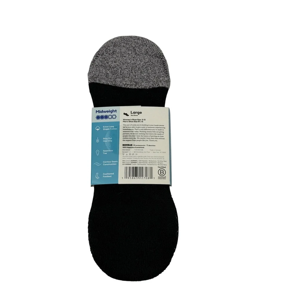 Bombas Midweight No Show Socks Black Grey Large Women 11-13 Men 9.5-13 NEW